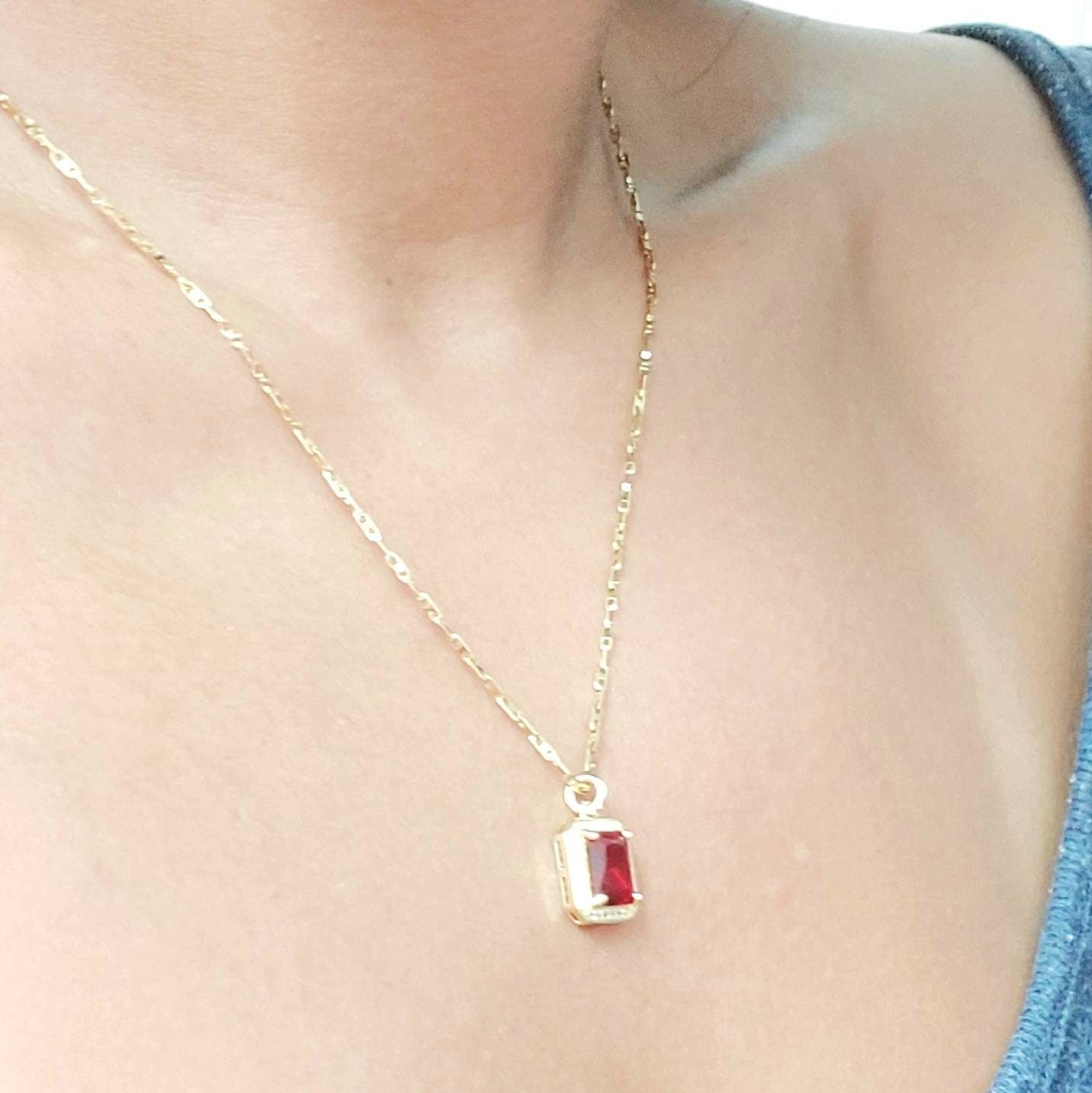 Classic rectangle necklace, ruby necklace , gold chain necklace , vintage necklace , chain necklace , gold dainty necklace, gift for her