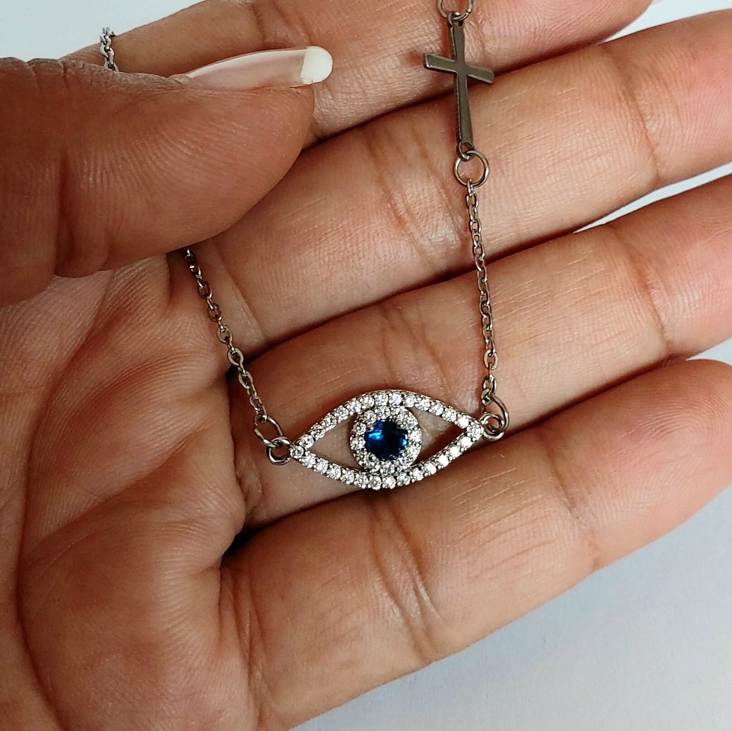 Evil eye necklace with cross , sideways cross necklace , protection necklace , silver necklace , dainty necklace , religious cross necklace