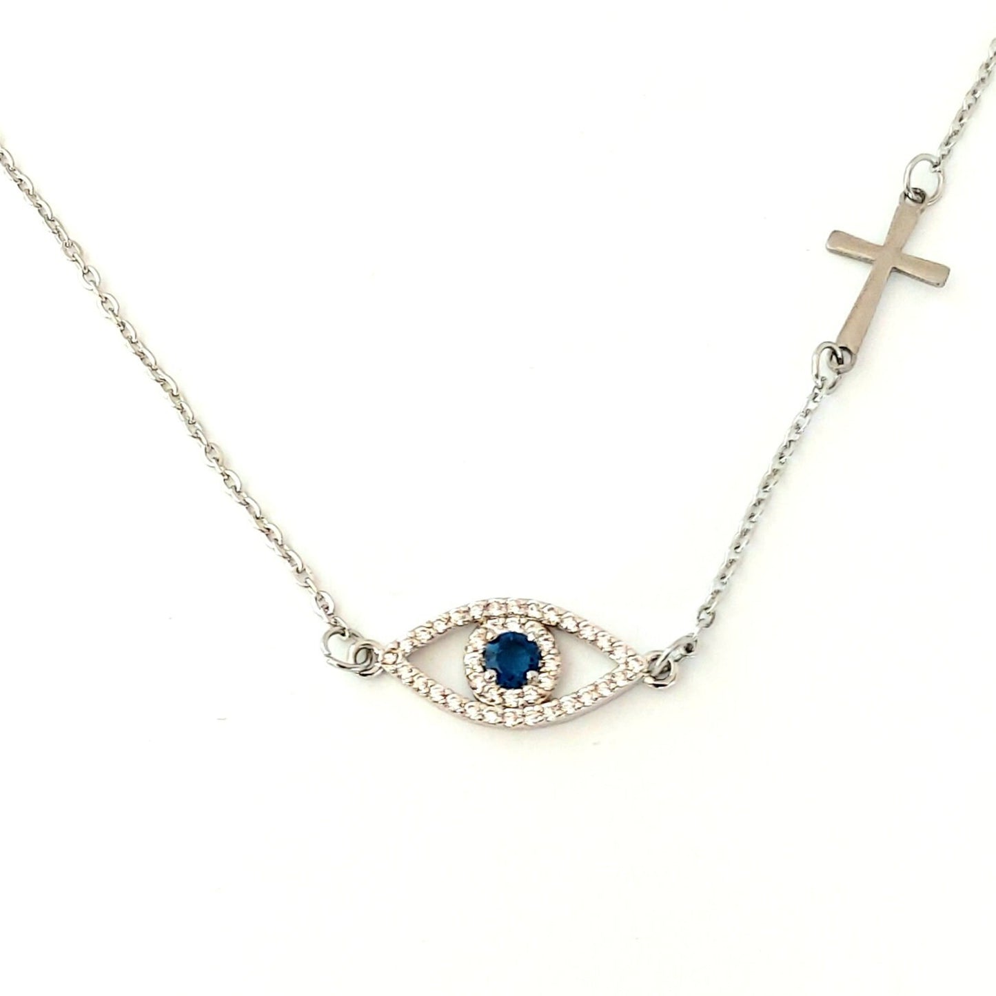 Evil eye necklace with cross , sideways cross necklace , protection necklace , silver necklace , dainty necklace , religious cross necklace