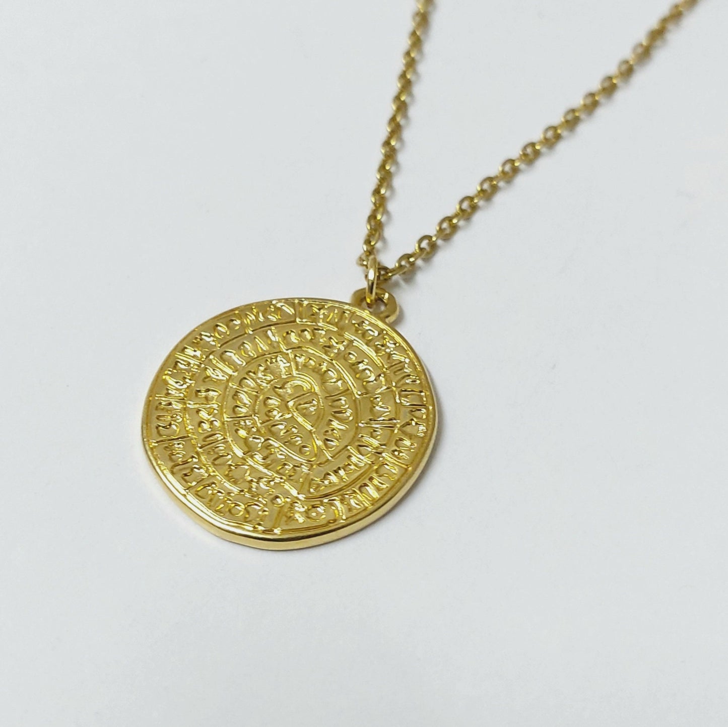 Phaistos disc necklace , gold necklace , statement necklace, ancient Grecian necklace , Cretan jewelry , Coin necklace , layering necklace