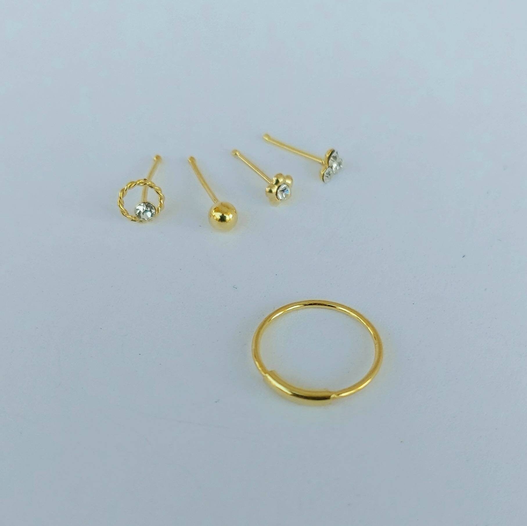 Nose hoop and tiny nose stud set 5pcs , nose piercing , gold nose ring, tiny nose studs , nose ring studs , nose piercing ,925 gold plated