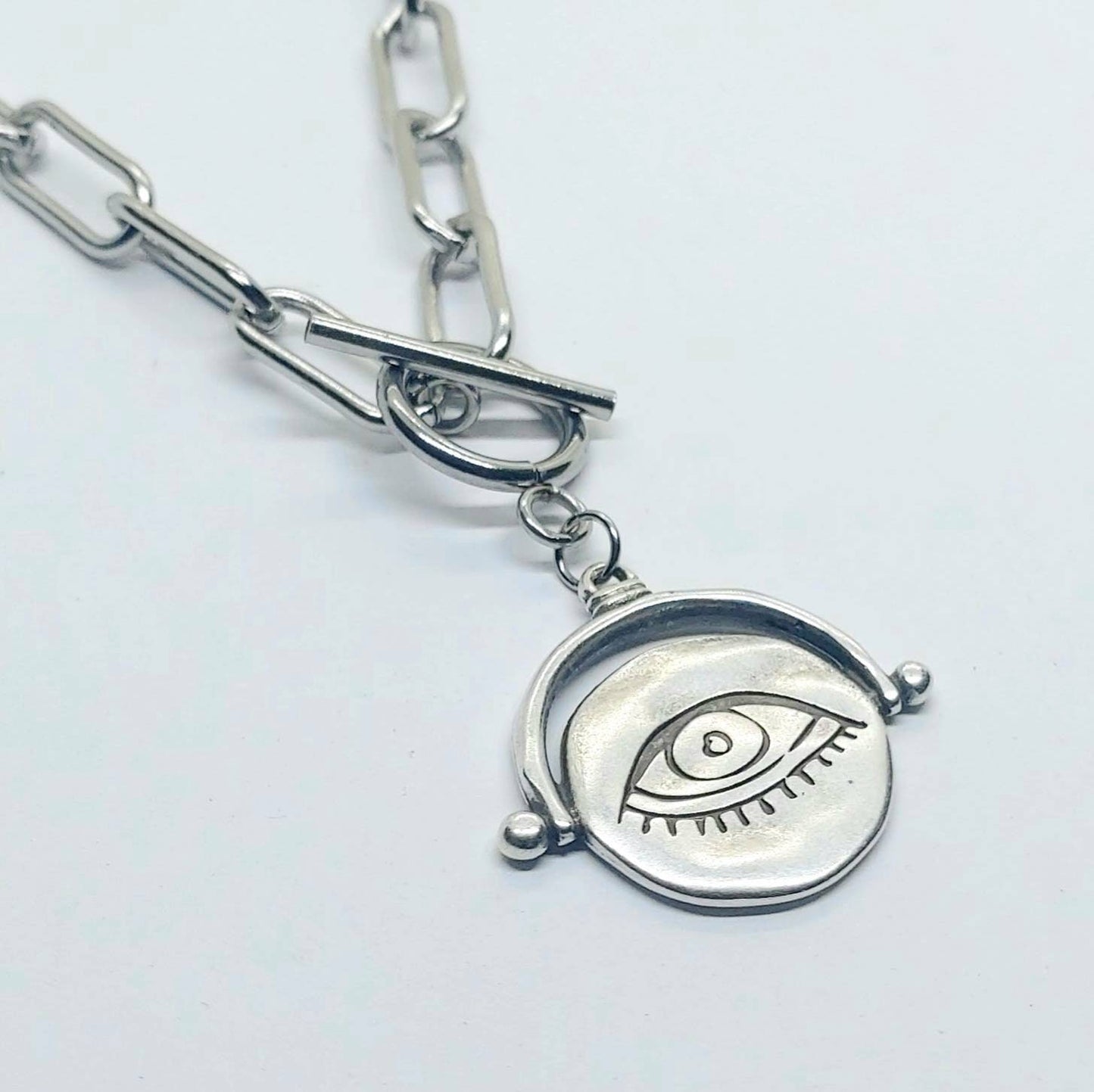 All seeing eye chunky necklace , silver chain necklace , layering necklace , evil eye pendant , protection necklace , thick chain necklace