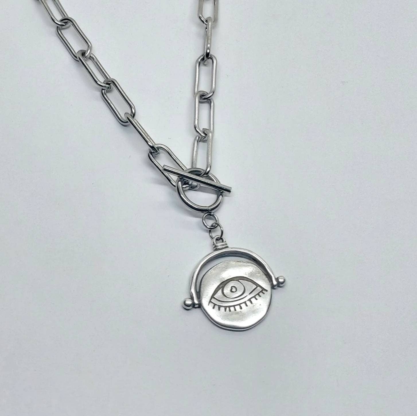 All seeing eye chunky necklace , silver chain necklace , layering necklace , evil eye pendant , protection necklace , thick chain necklace