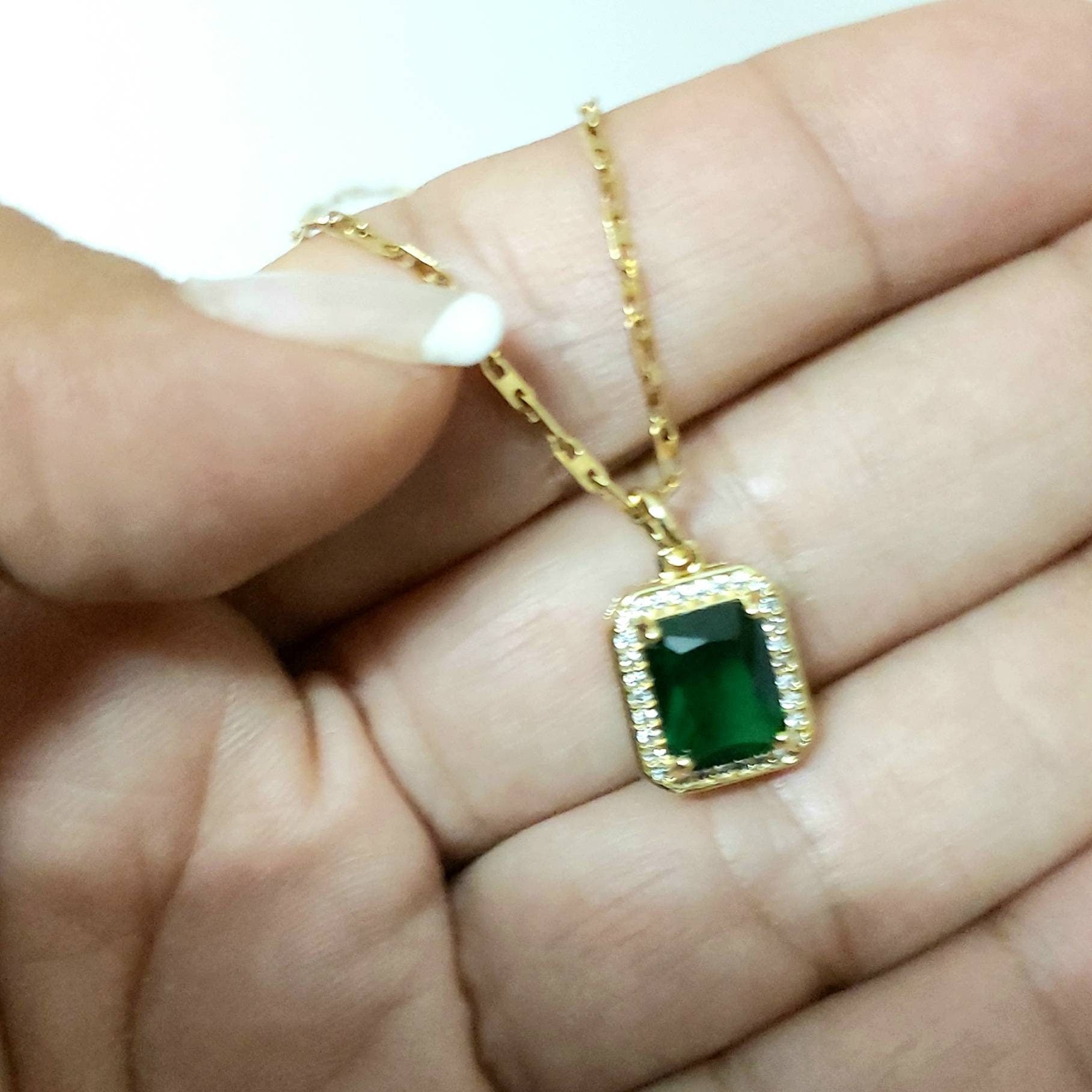 Classic rectangle necklace, emerald necklace , gold chain necklace , vintage necklace , chain necklace , gold dainty necklace, gift for her