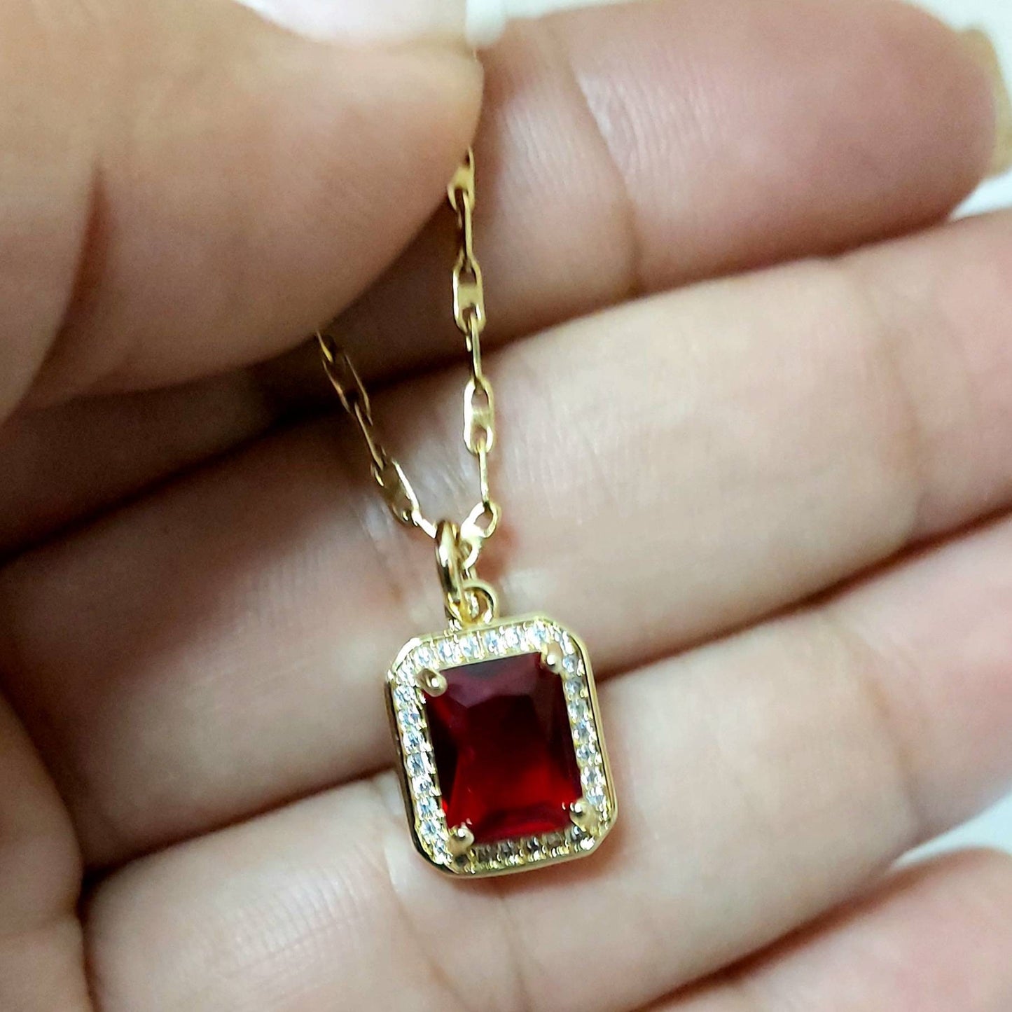 Classic rectangle necklace, ruby necklace , gold chain necklace , vintage necklace , chain necklace , gold dainty necklace, gift for her