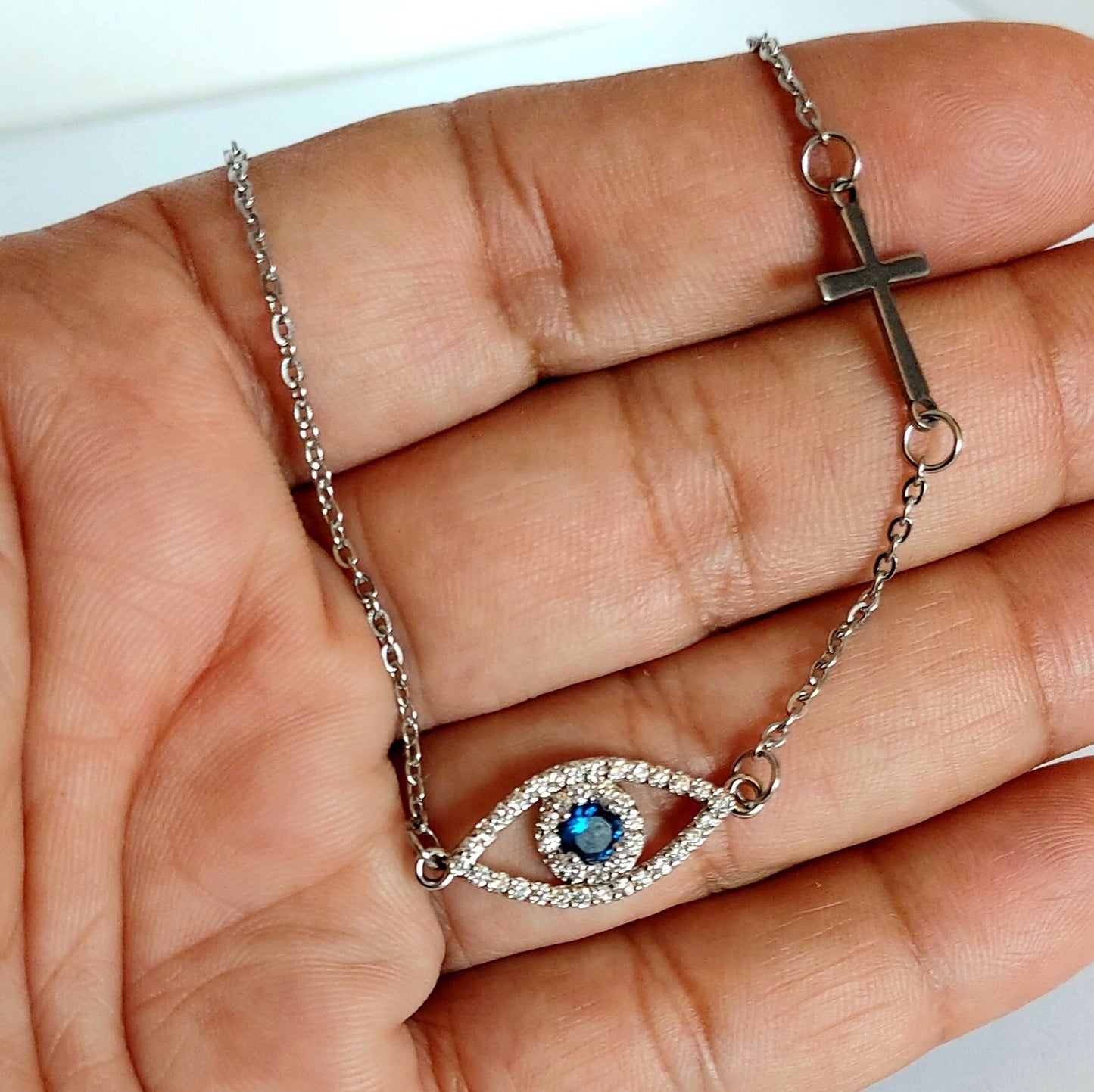 Evil eye necklace with cross , sideways cross necklace , protection necklace , silver necklace , dainty necklace , religious cross necklace