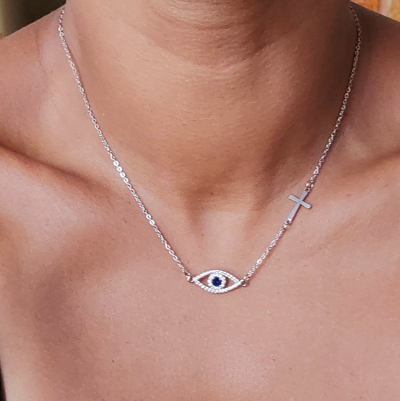 Evil eye necklace with cross , sideways cross necklace , protection necklace , silver necklace , dainty necklace , religious cross necklace