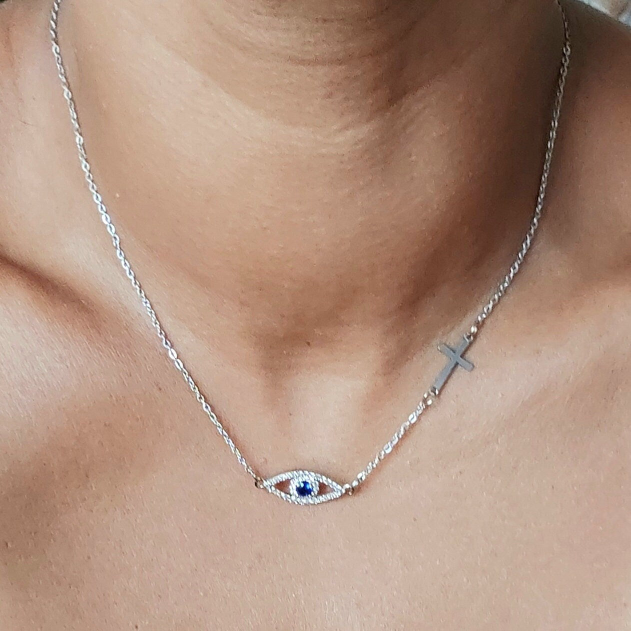 Evil eye necklace with cross , sideways cross necklace , protection necklace , silver necklace , dainty necklace , religious cross necklace