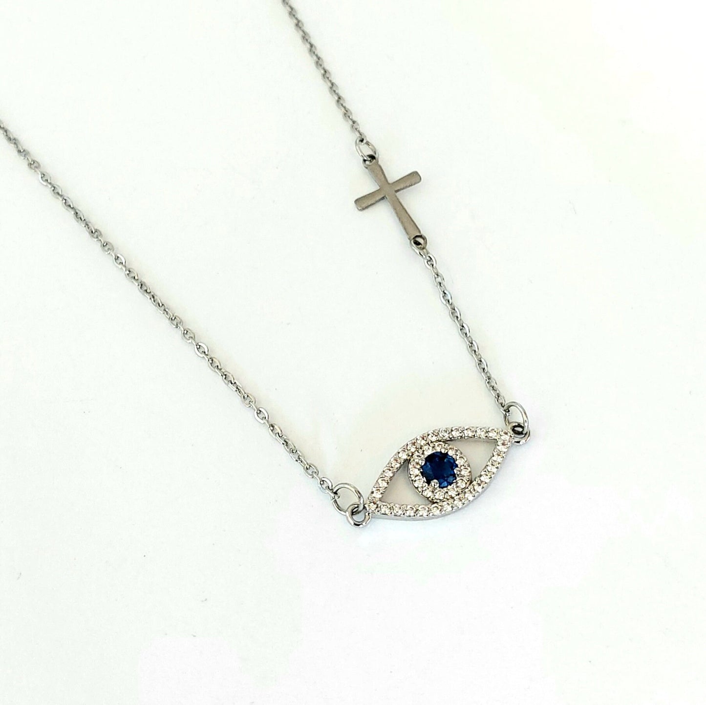 Evil eye necklace with cross , sideways cross necklace , protection necklace , silver necklace , dainty necklace , religious cross necklace