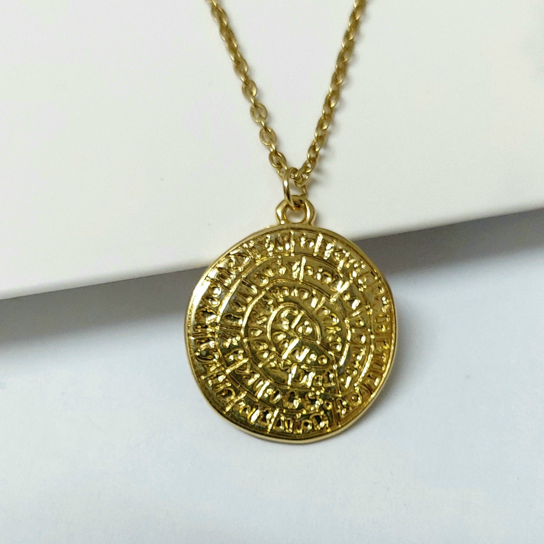 Phaistos disc necklace , gold necklace , statement necklace, ancient Grecian necklace , Cretan jewelry , Coin necklace , layering necklace