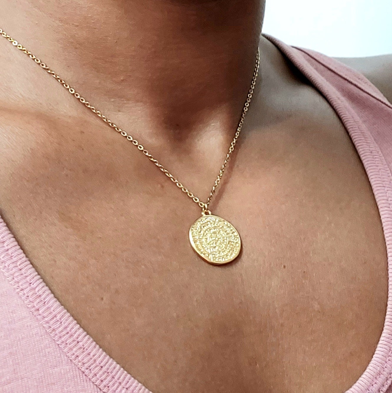 Phaistos disc necklace , gold necklace , statement necklace, ancient Grecian necklace , Cretan jewelry , Coin necklace , layering necklace