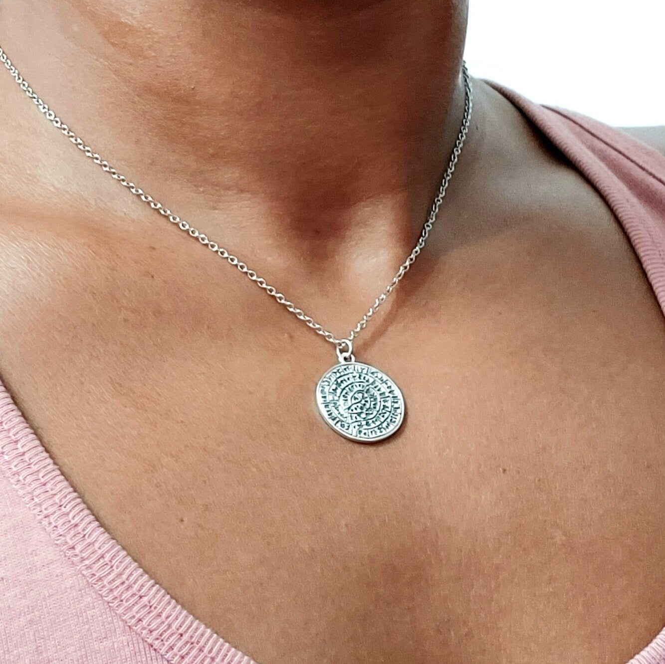 Phaistos disc necklace , silver necklace , statement necklace, Grecian necklace , Cretan jewelry , Coin necklace , layering necklace