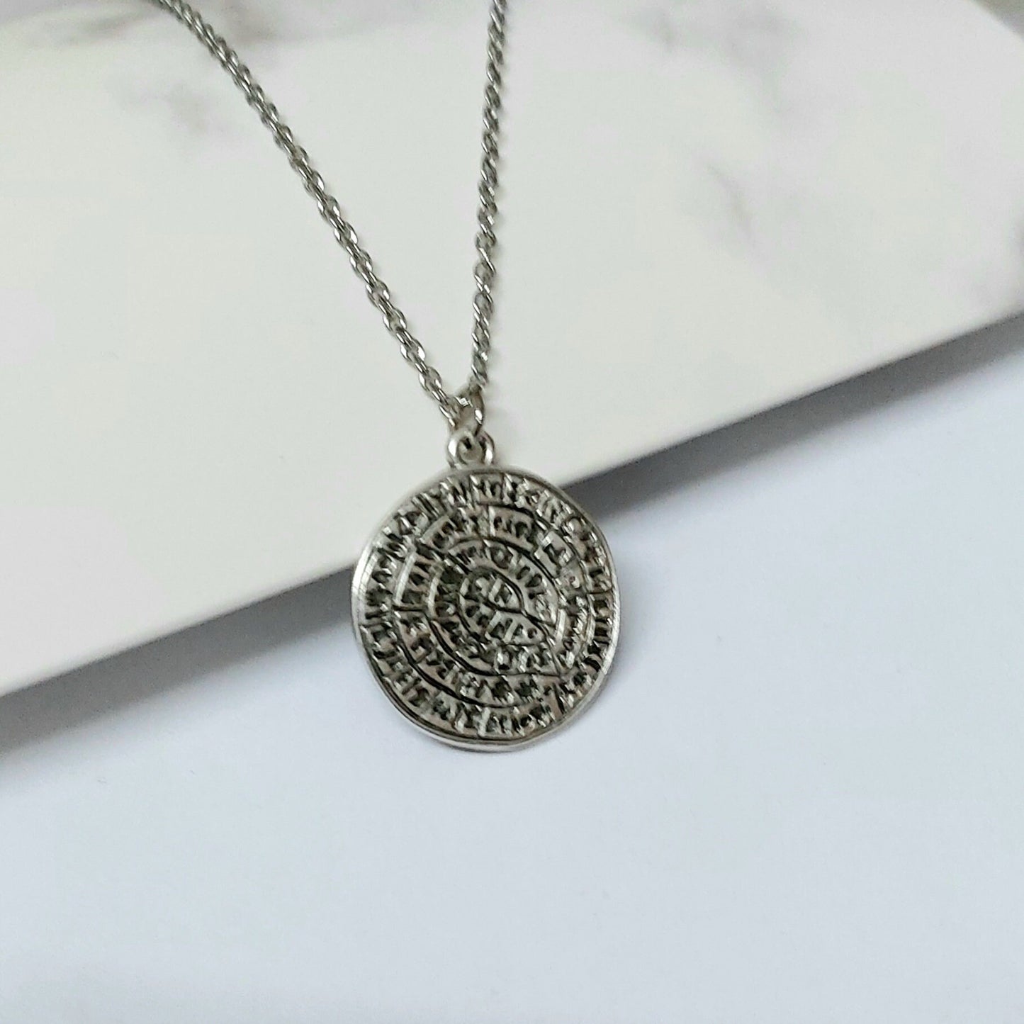 Phaistos disc necklace , silver necklace , statement necklace, Grecian necklace , Cretan jewelry , Coin necklace , layering necklace