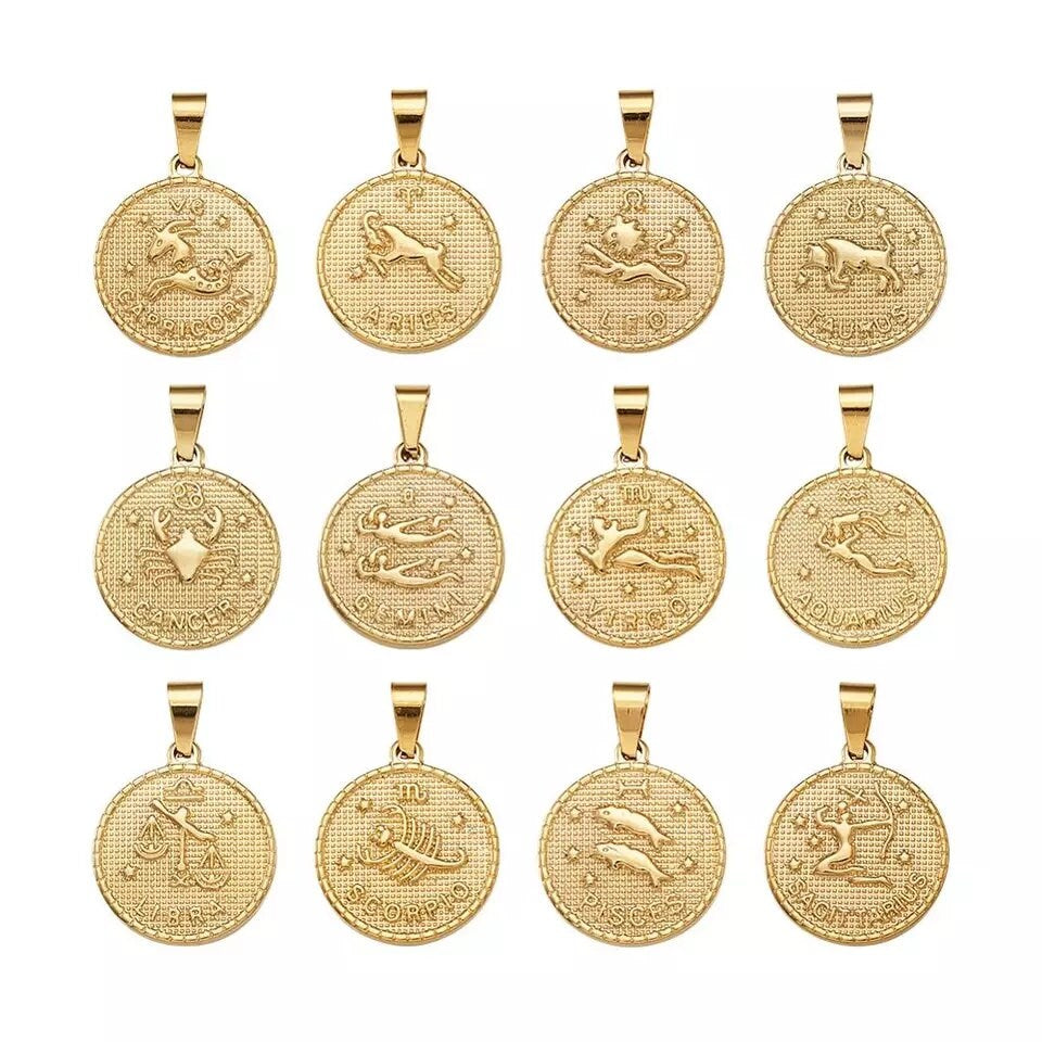 Zodiac coin necklace ,gold coin necklace , layering necklace , zodiac jewelry , astrology necklace , zodiac pendant , celestial necklace