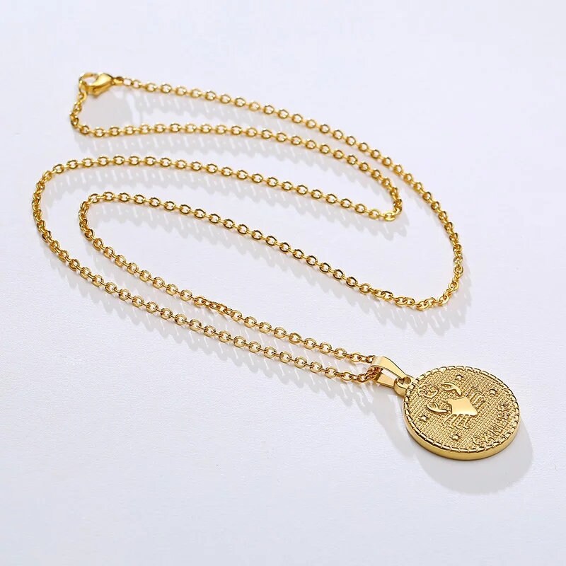 Zodiac coin necklace ,gold coin necklace , layering necklace , zodiac jewelry , astrology necklace , zodiac pendant , celestial necklace