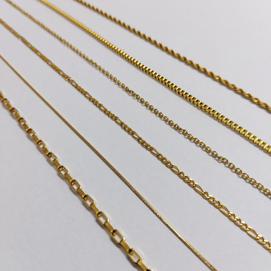 These stainless steel chains are18K gold filled meaning that the gold color will not faint . They are all 45 cm long Thickness : Cable chain 1.2mm Box chain 2mm Snake chain 1mm Rope chain 3mm Link chain 2mm Figaro chain 2mm