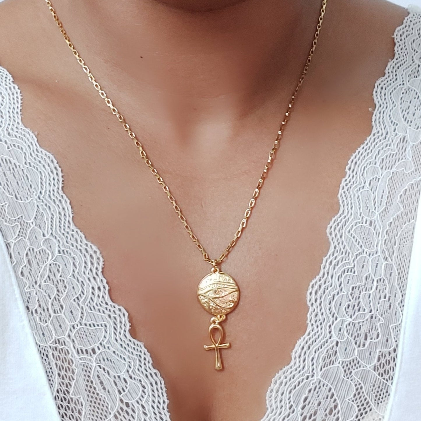 Ankh pendant with eye of Horus and hieroglyphics charm , gold ankh jewelry , ankh necklace , layered necklace set , gold chain necklace ankh