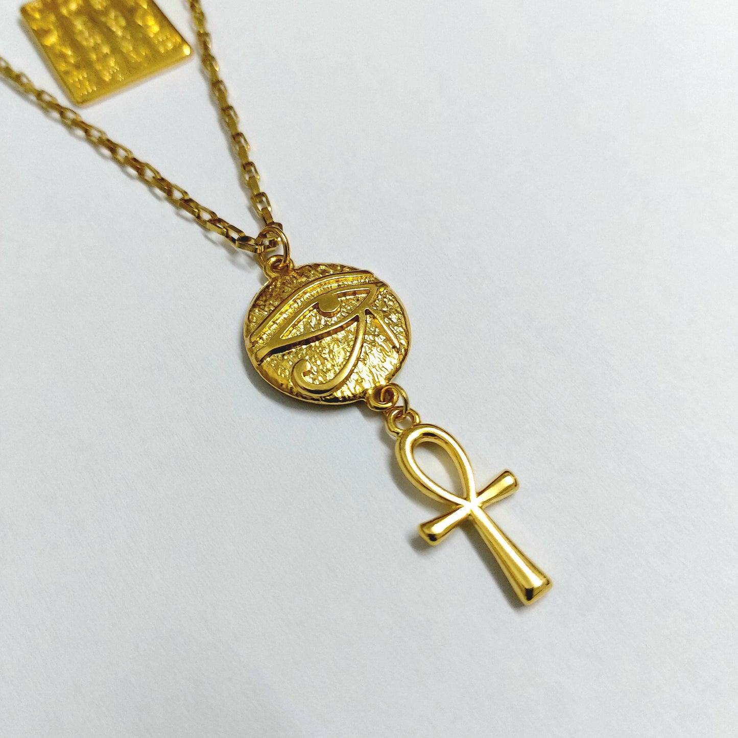 Ankh pendant with eye of Horus and hieroglyphics charm , gold ankh jewelry , ankh necklace , layered necklace set , gold chain necklace ankh