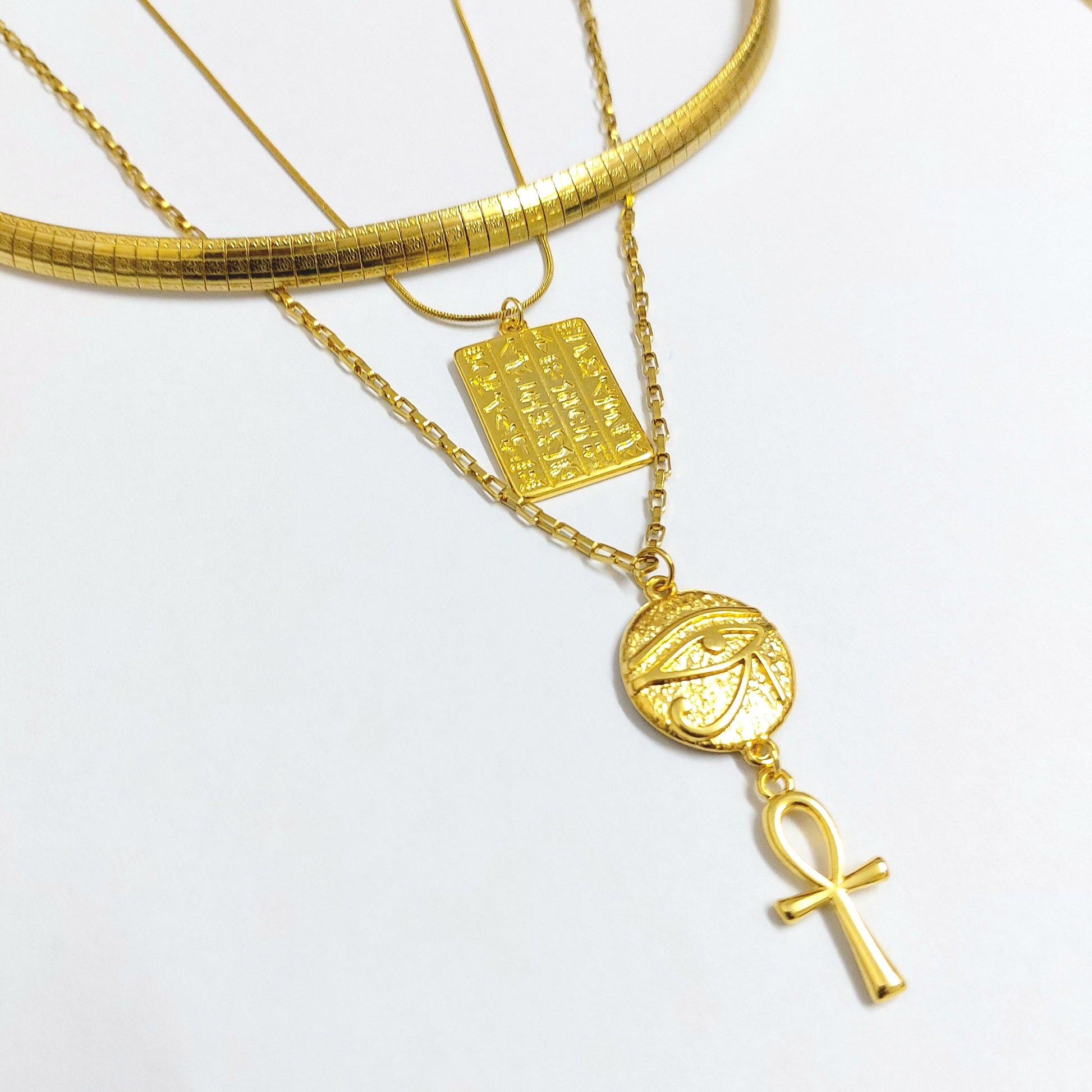 Ankh pendant with eye of Horus and hieroglyphics charm , gold ankh jewelry , ankh necklace , layered necklace set , gold chain necklace ankh