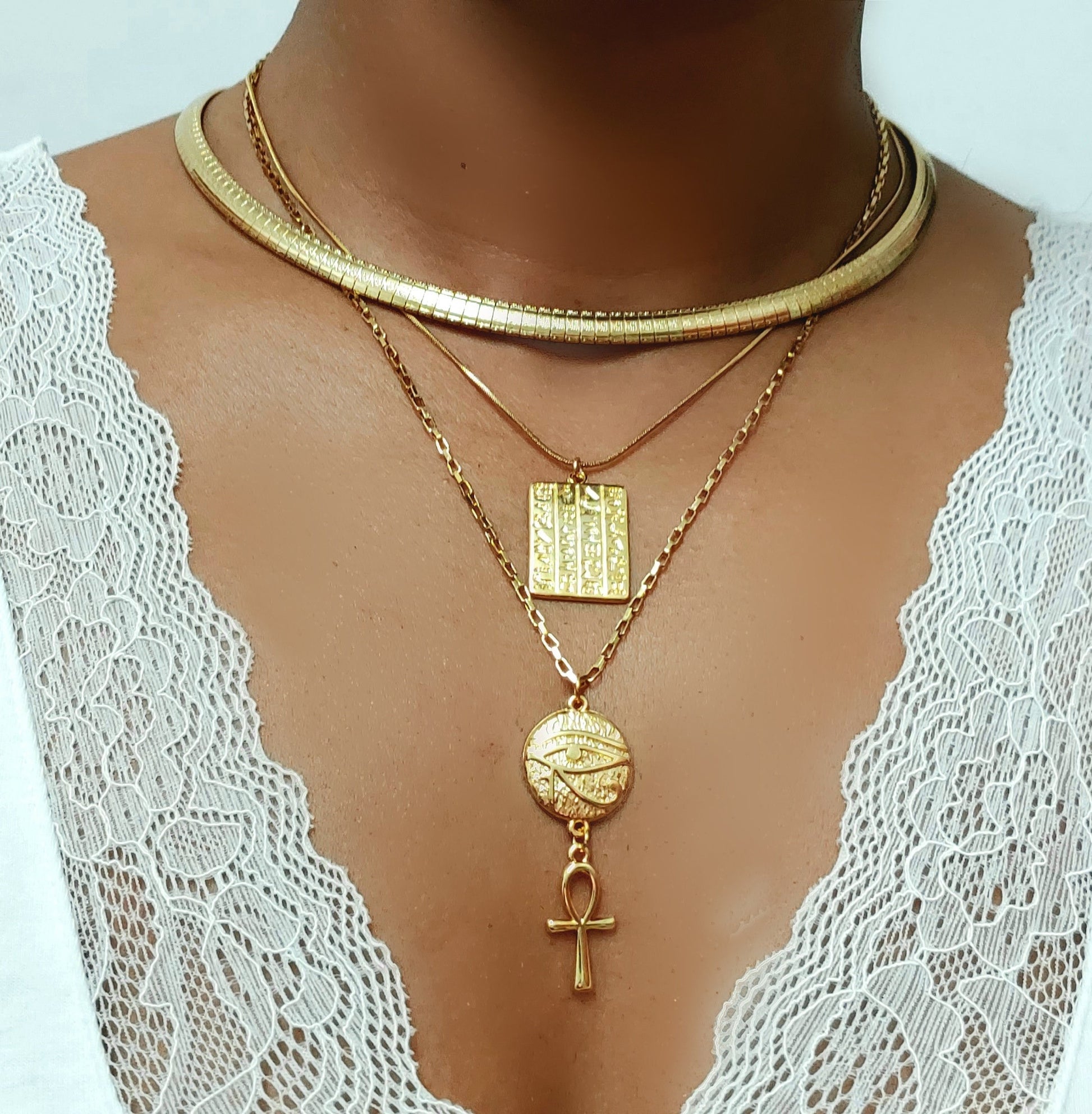 Ankh pendant with eye of Horus and hieroglyphics charm , gold ankh jewelry , ankh necklace , layered necklace set , gold chain necklace ankh