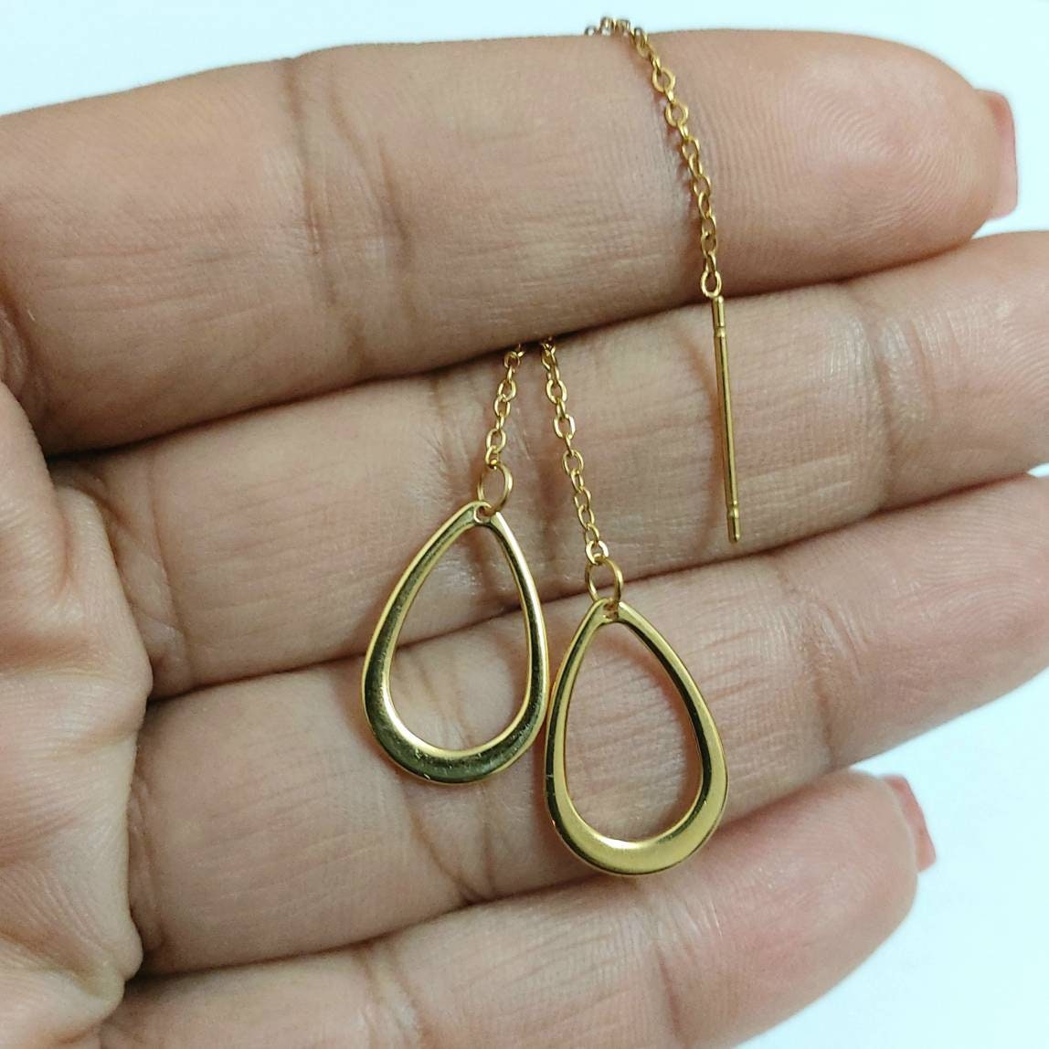 Teardrop threader earrings , threader earrings gold with drop , everyday earrings , dainty threader earrings , minimalist earrings with drop