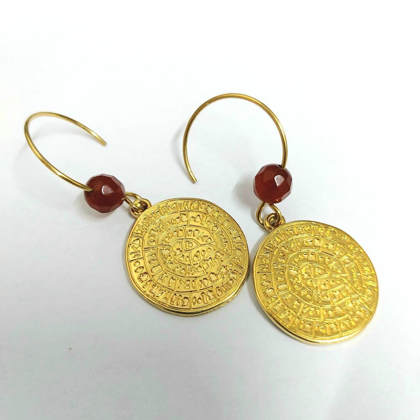 Phaistos disc earrings with carnelian , gold earrings , statement earrings , ancient Grecian earrings , Cretan jewelry , Coin earrings