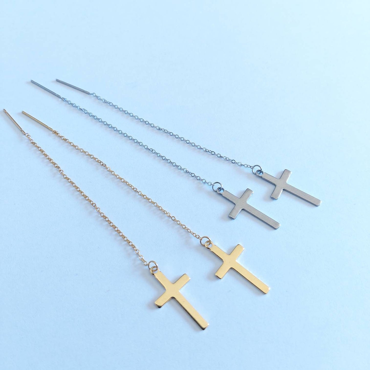 Cross threader earrings , threader earrings gold with cross , everyday earrings , dainty threader earrings , minimalist earrings with cross