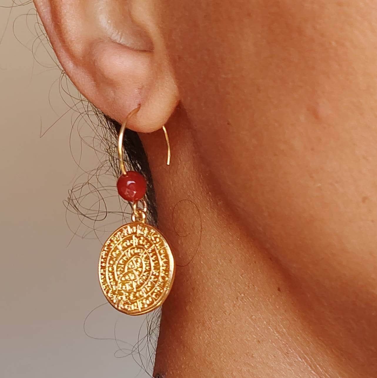 Phaistos disc earrings with carnelian , gold earrings , statement earrings , ancient Grecian earrings , Cretan jewelry , Coin earrings