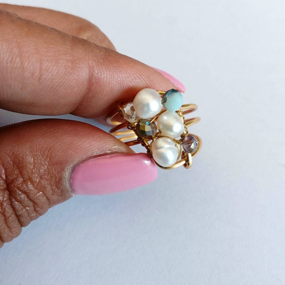 Wire wrapped crystal pearl ring,Real pearl ring , wire wrapped ring , gold filled pearl ring , dainty ring , pearl wire ring , waterproof