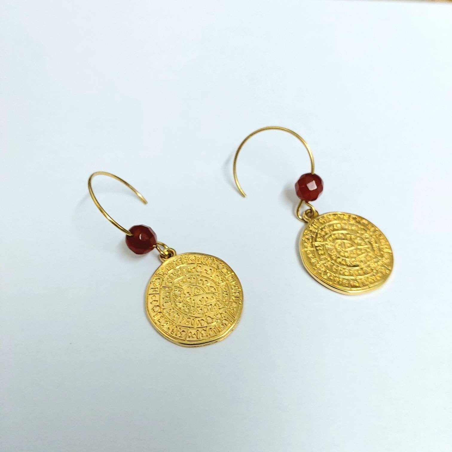 Phaistos disc earrings with carnelian , gold earrings , statement earrings , ancient Grecian earrings , Cretan jewelry , Coin earrings