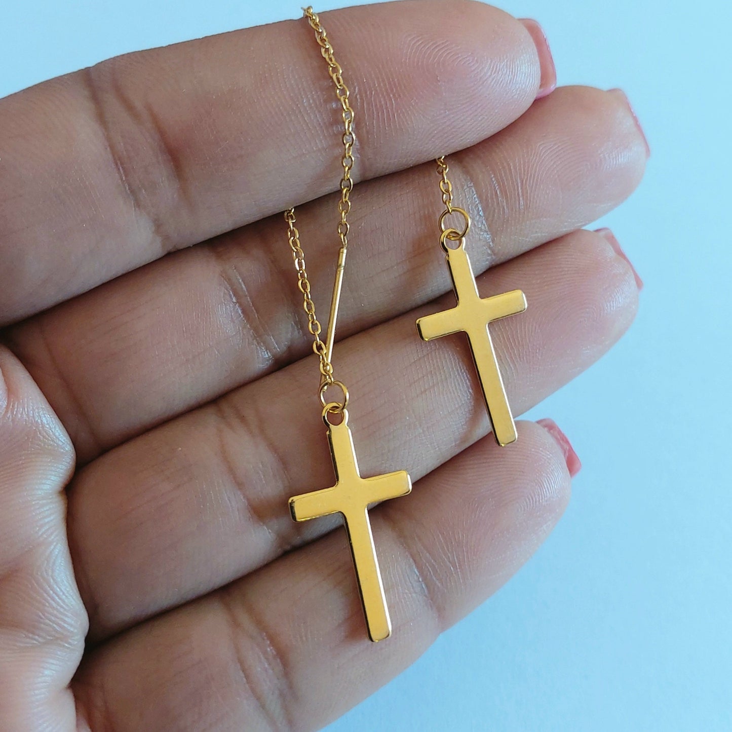 Cross threader earrings , threader earrings gold with cross , everyday earrings , dainty threader earrings , minimalist earrings with cross