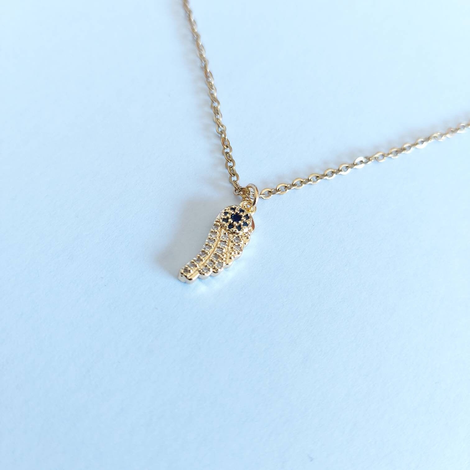 Dainty gold necklace , wing charm , pave Cubic Zirconia jewelry , baby loss gold necklace , gift for her , for mom , remembrance necklace