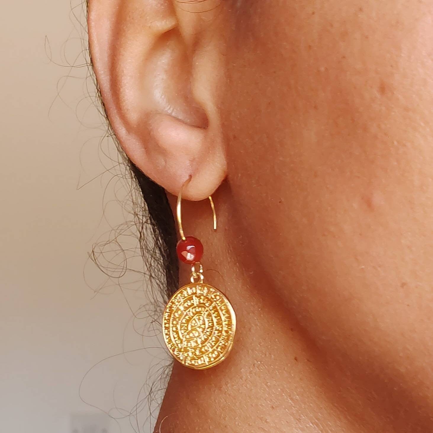 Phaistos disc earrings with carnelian , gold earrings , statement earrings , ancient Grecian earrings , Cretan jewelry , Coin earrings