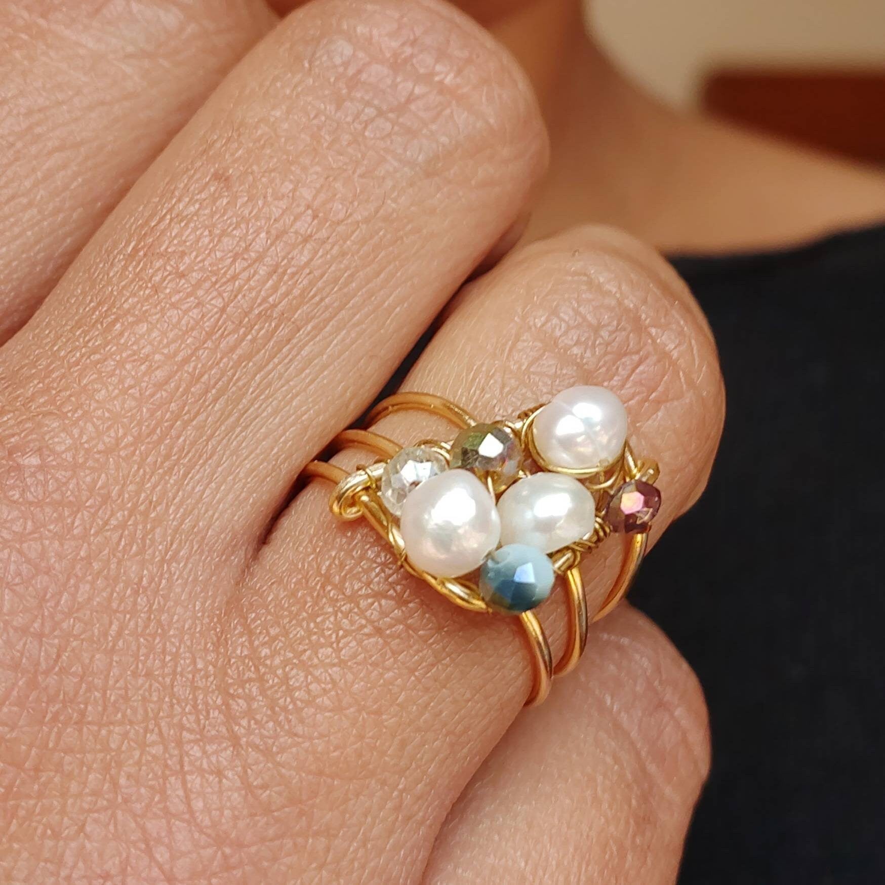 Wire wrapped crystal pearl ring,Real pearl ring , wire wrapped ring , gold filled pearl ring , dainty ring , pearl wire ring , waterproof