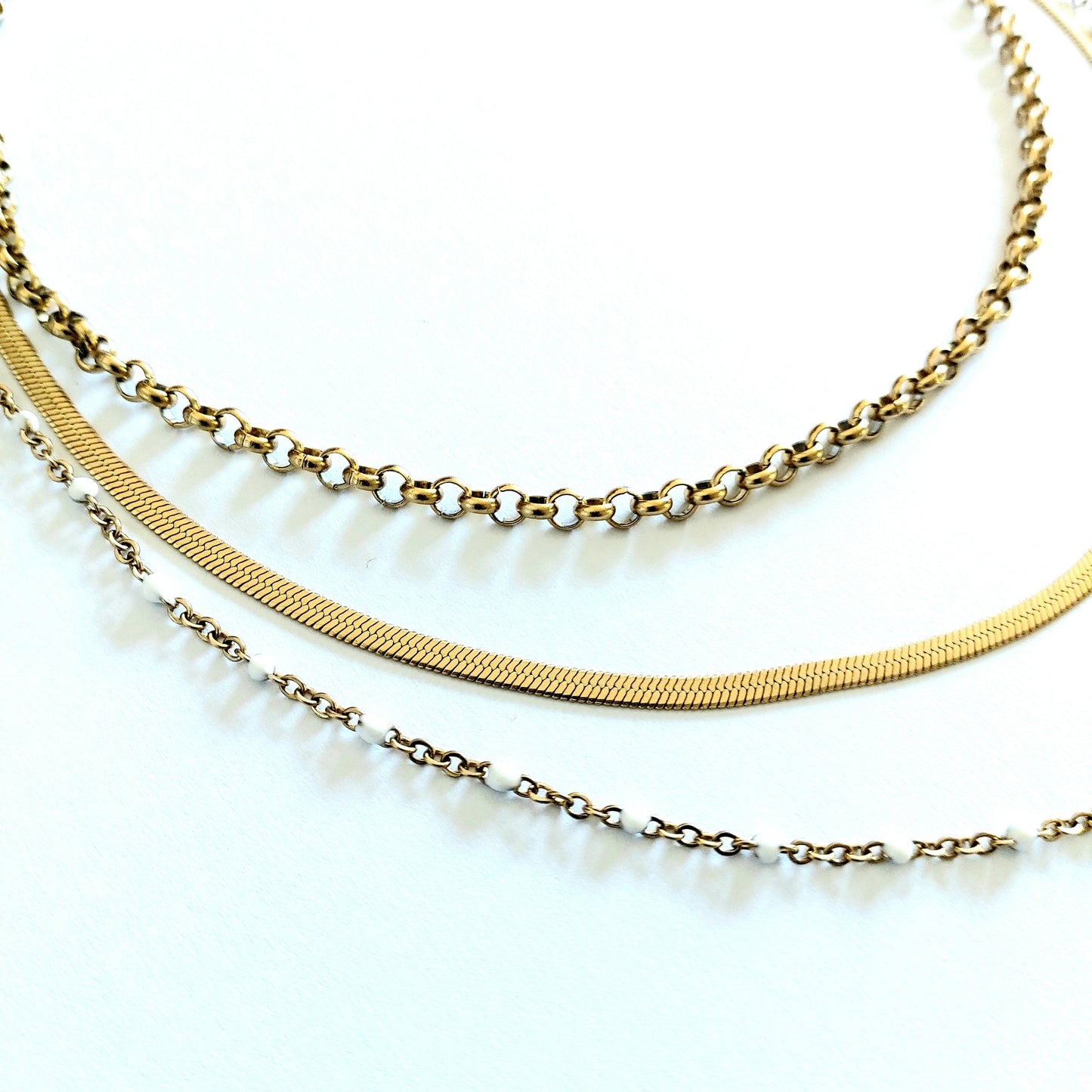 Gold filled layered necklace set , layering chain necklace set , snake chain necklace , rolo chain chocker , enamel cable necklace chain