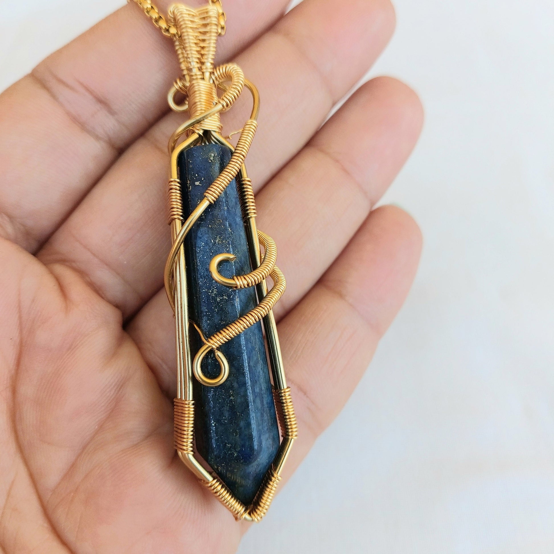 Lapis lazuli pendant , lapis lazuli crystal necklace , semi precious stone crystal necklace , healing crystal wire wrapped necklace