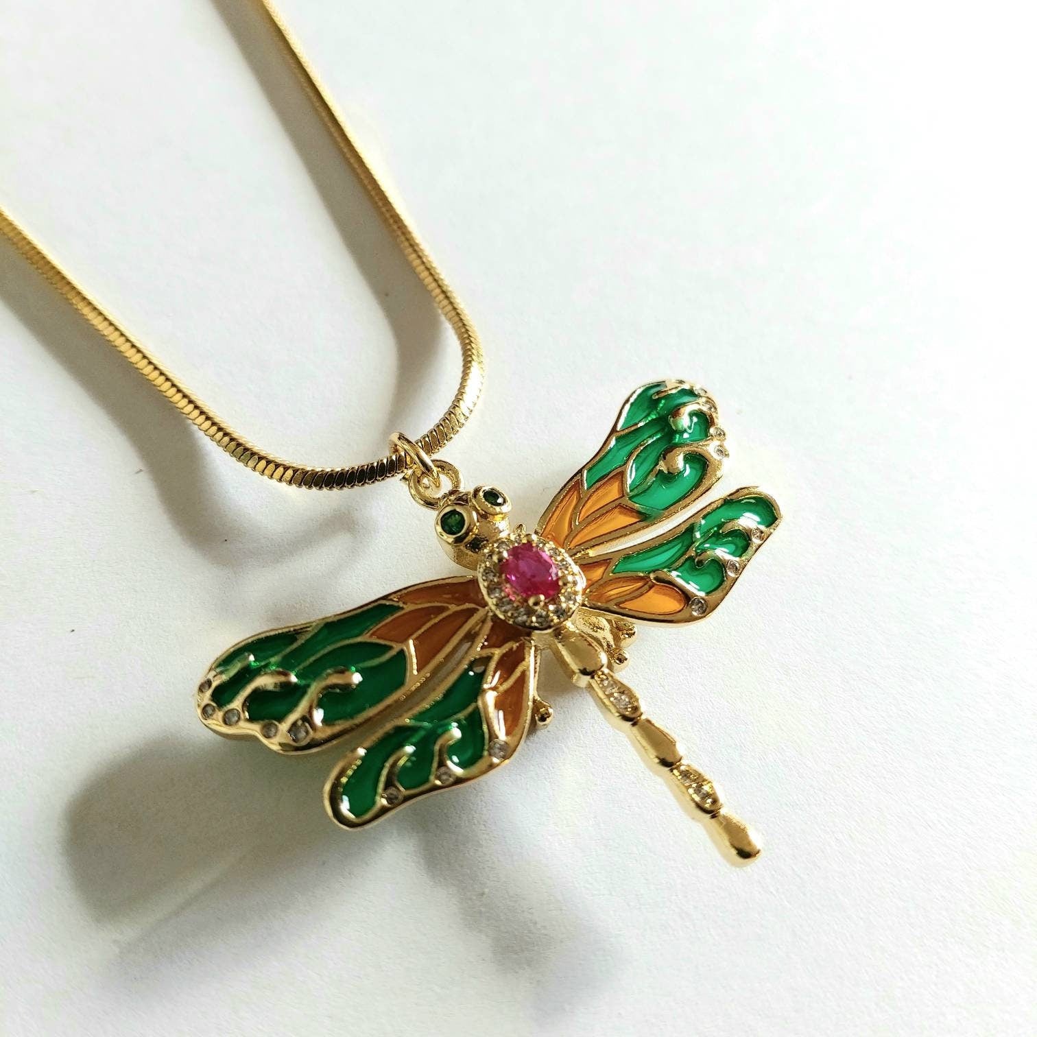 Dragonfly necklace , Colorful dragonfly necklace with cubic zirconia , micro pave cz dragonfly necklace real gold plated with enamel