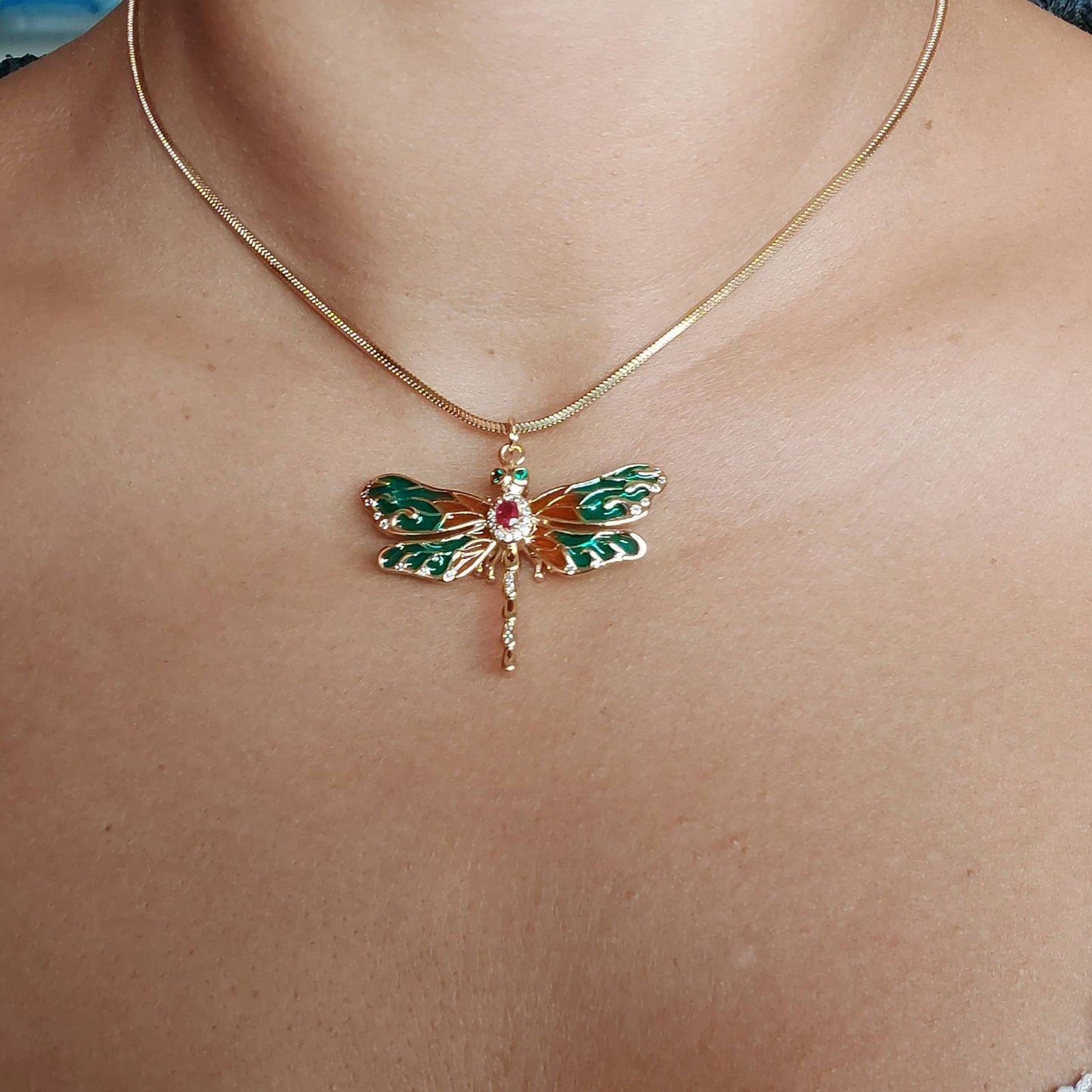 Dragonfly necklace , Colorful dragonfly necklace with cubic zirconia , micro pave cz dragonfly necklace real gold plated with enamel