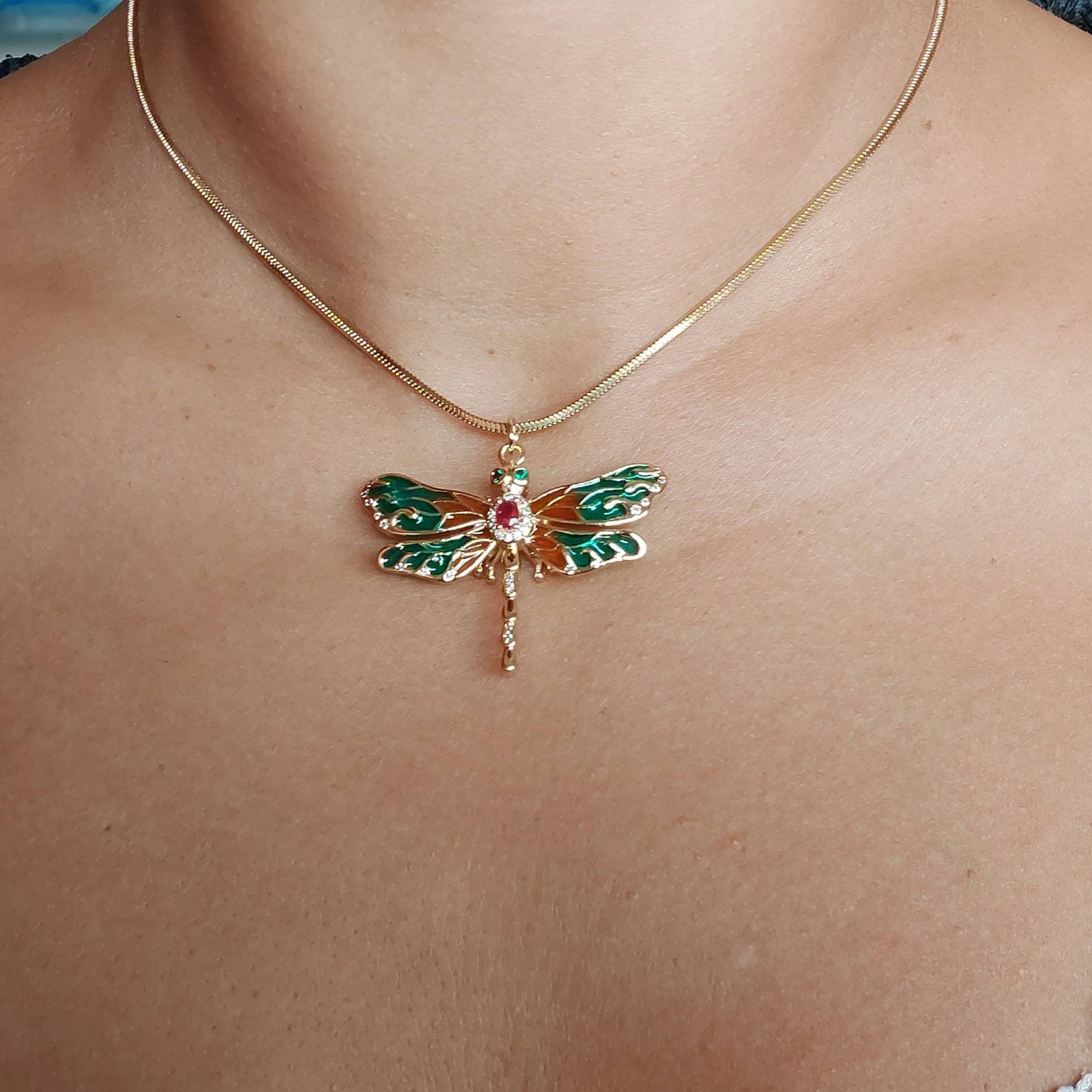 Dragonfly necklace , Colorful dragonfly necklace with cubic zirconia , micro pave cz dragonfly necklace real gold plated with enamel