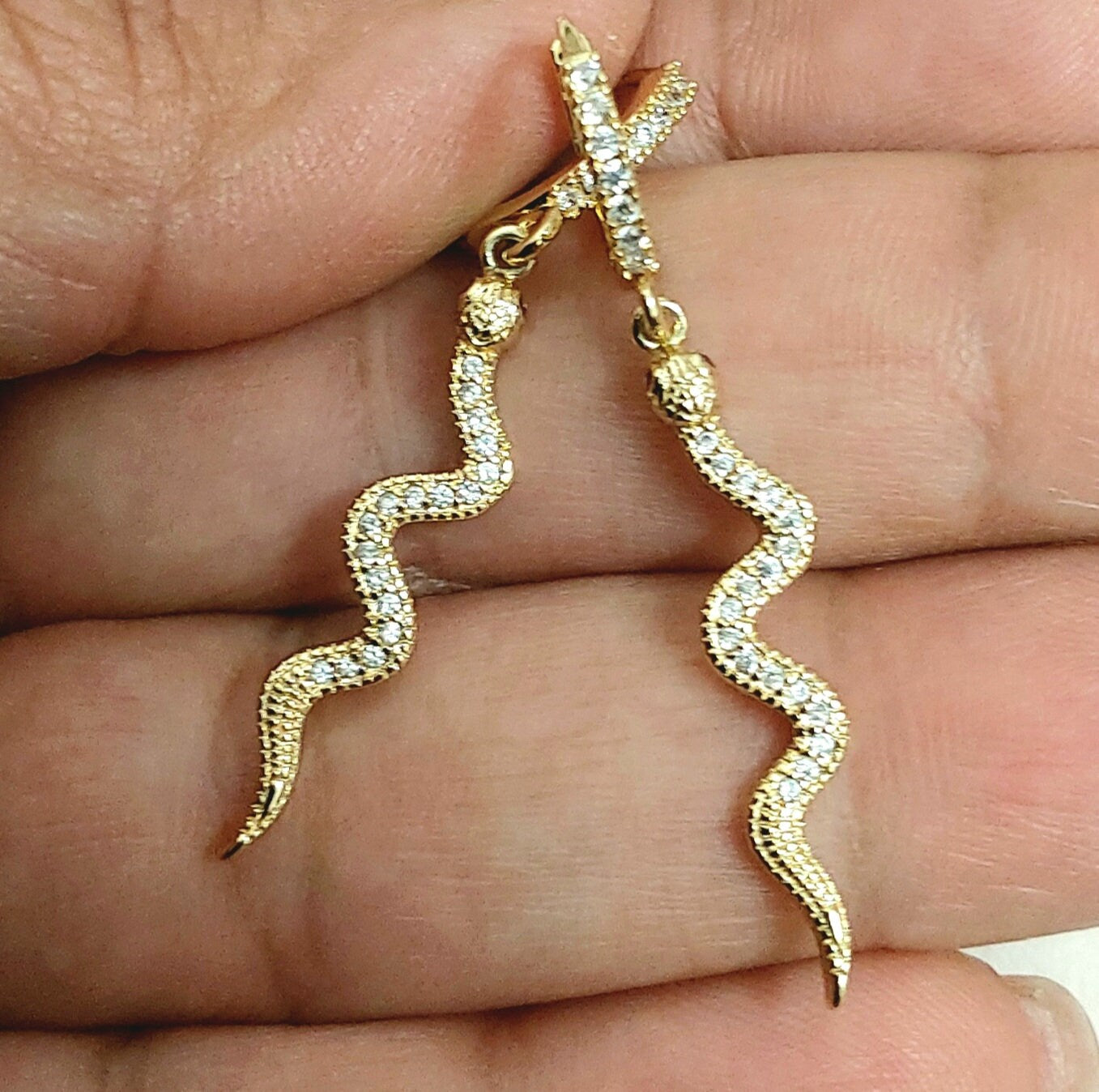 Gold snake earrings with cubic zirconia , snake earrings , waterproof earrings , gold filled snake earrings , cz gold drop serpent earrings