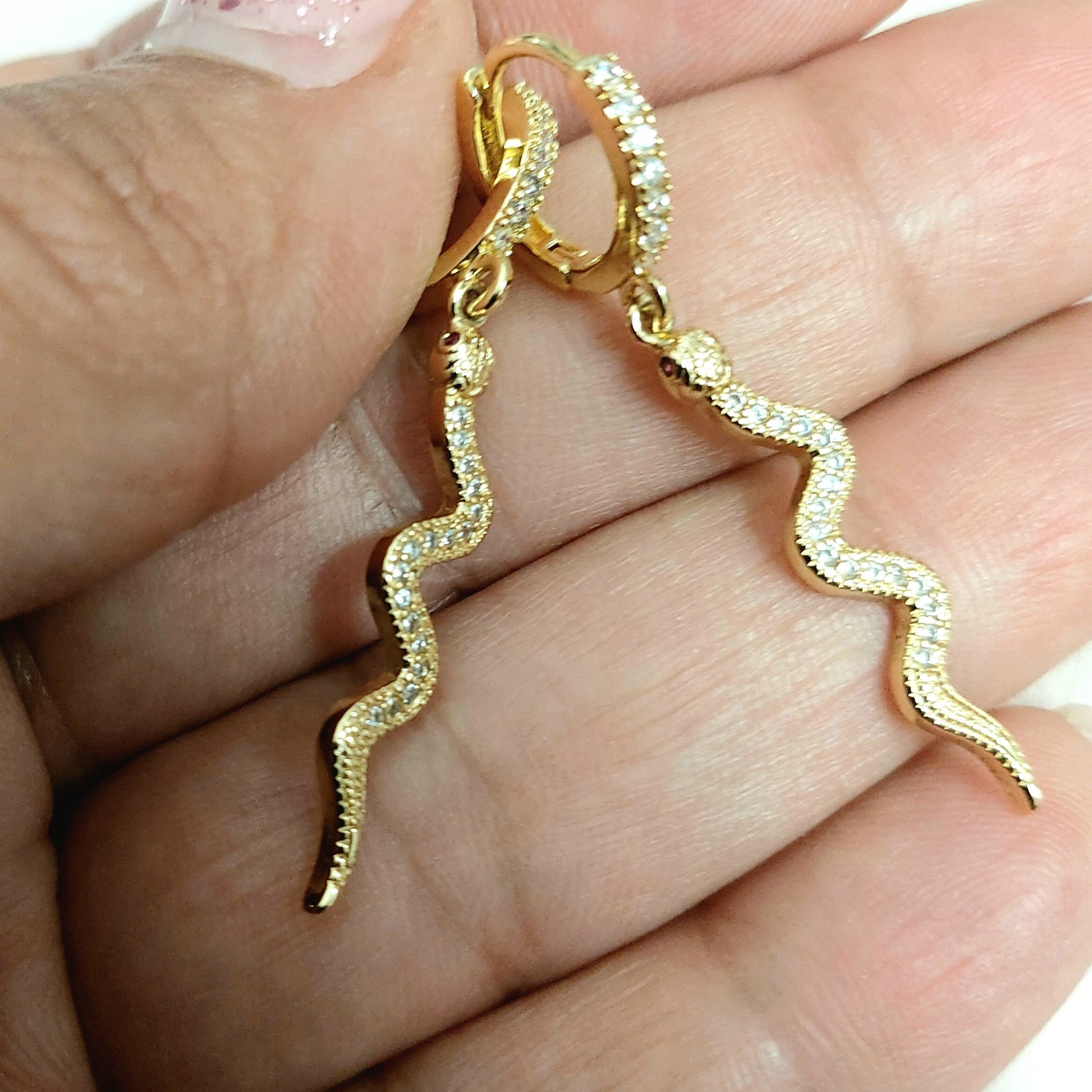 Gold snake earrings with cubic zirconia , snake earrings , waterproof earrings , gold filled snake earrings , cz gold drop serpent earrings