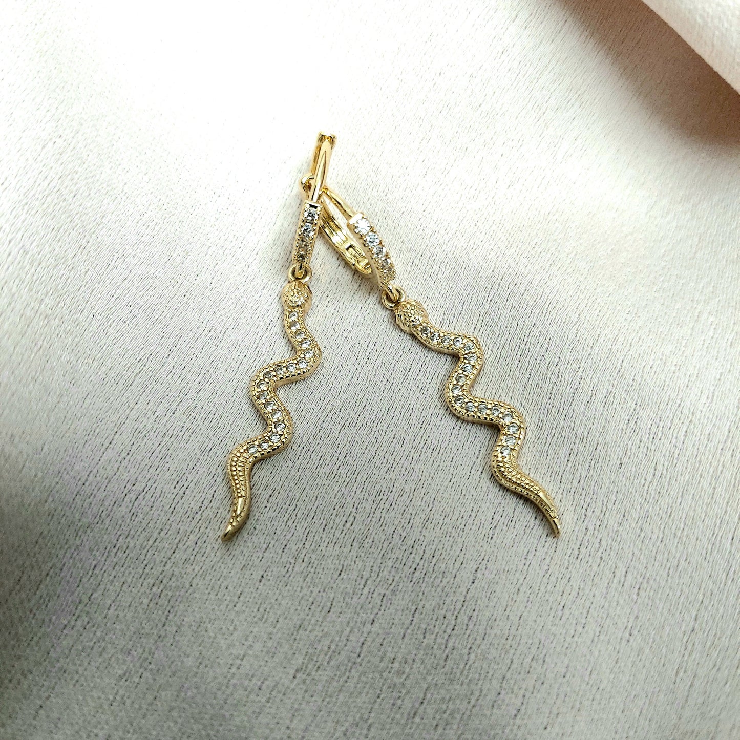 Gold snake earrings with cubic zirconia , snake earrings , waterproof earrings , gold filled snake earrings , cz gold drop serpent earrings