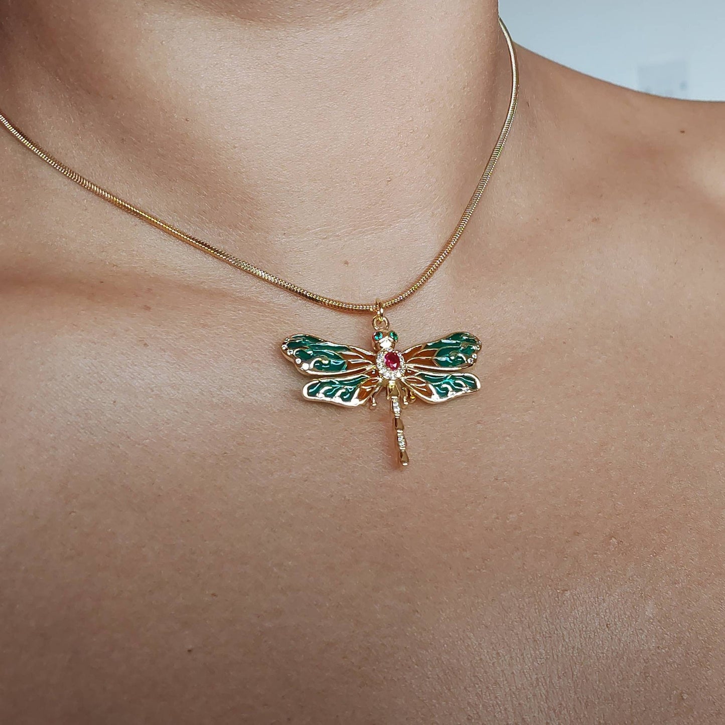 Dragonfly necklace , Colorful dragonfly necklace with cubic zirconia , micro pave cz dragonfly necklace real gold plated with enamel