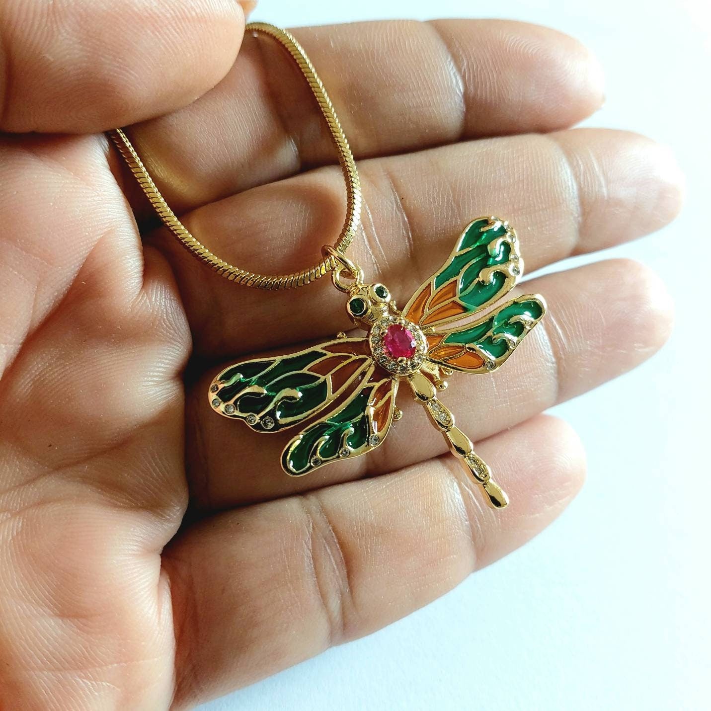 Dragonfly necklace , Colorful dragonfly necklace with cubic zirconia , micro pave cz dragonfly necklace real gold plated with enamel