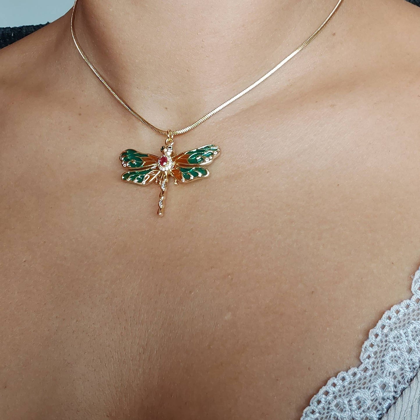 Dragonfly necklace , Colorful dragonfly necklace with cubic zirconia , micro pave cz dragonfly necklace real gold plated with enamel