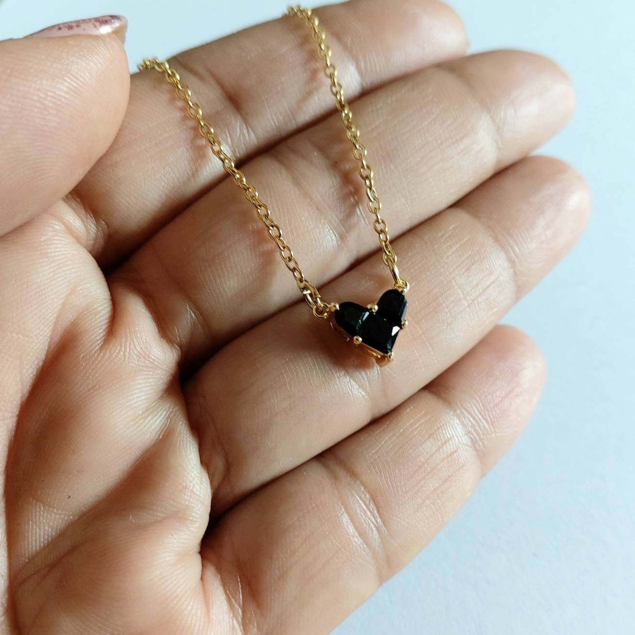 Dainty heart necklace necklace , Cz heart charm necklace choker , gold filled stainless steel charm necklace with cubic zirconia heart charm