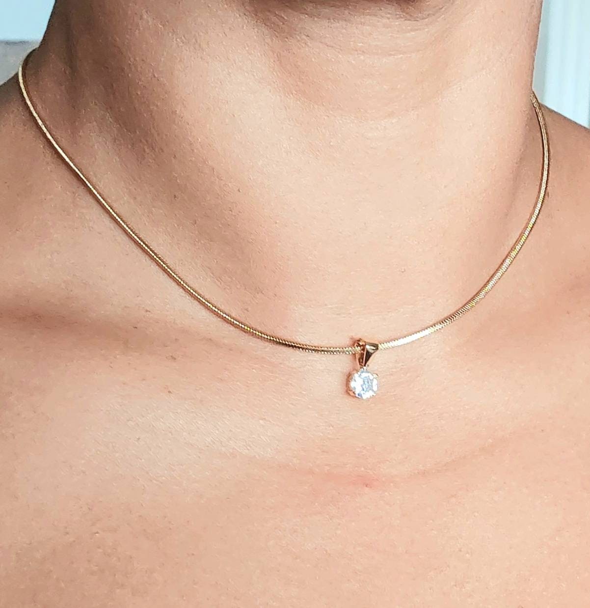 Snake chain necklace with cubic zirconia charm , gold filled waterproof chain necklace , minimalist chain necklace with cubic zirconia charm