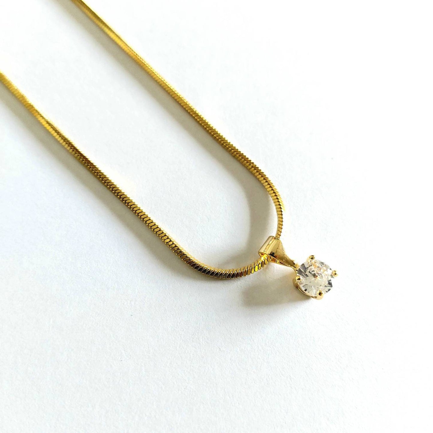 Snake chain necklace with cubic zirconia charm , gold filled waterproof chain necklace , minimalist chain necklace with cubic zirconia charm