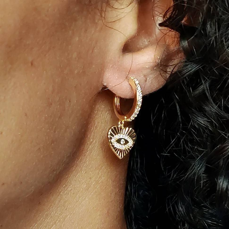 Gold heart hoop earrings with cubic zirconia , Gold hoop earrings with cubic zirconia charm , minimalist hoop earrings , small hoop earrings