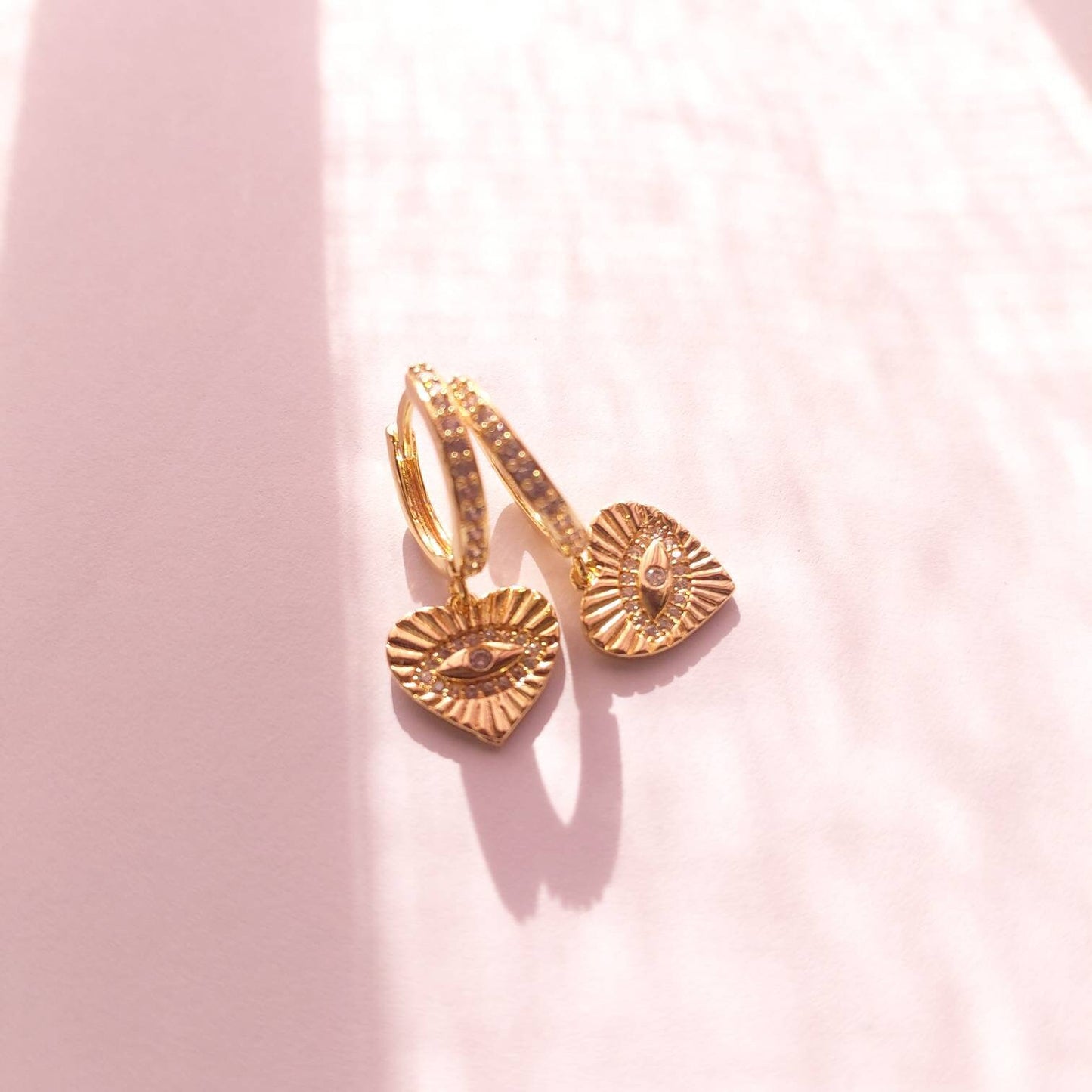 Gold heart hoop earrings with cubic zirconia , Gold hoop earrings with cubic zirconia charm , minimalist hoop earrings , small hoop earrings